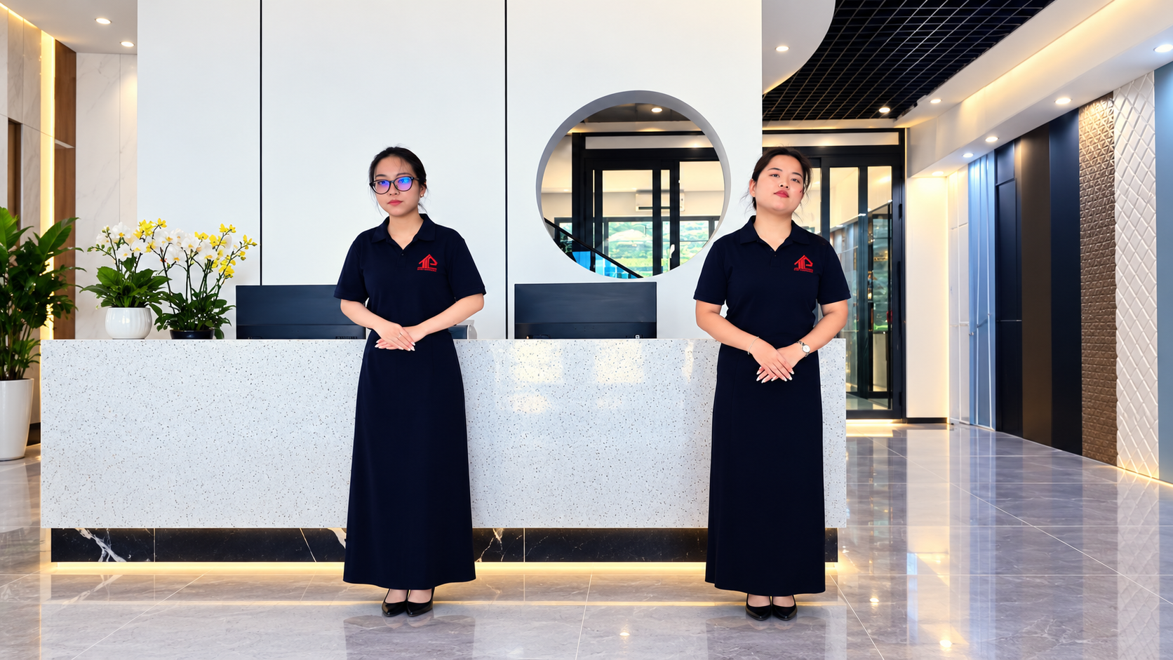Hai nhân viên mặc đồng phục xanh đen có logo Tân Phát đứng trước quầy tiếp đón trong sảnh